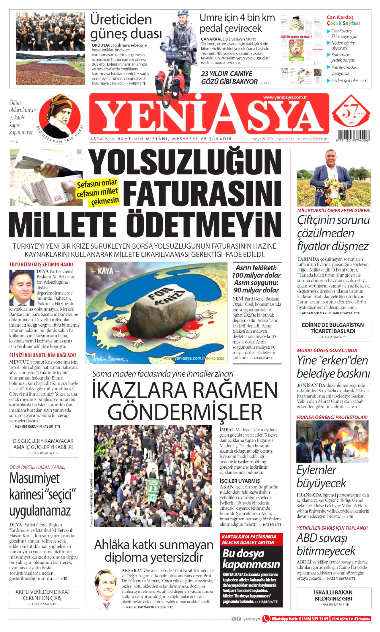 Yeni Asya Gazetesi gazetesi manşeti