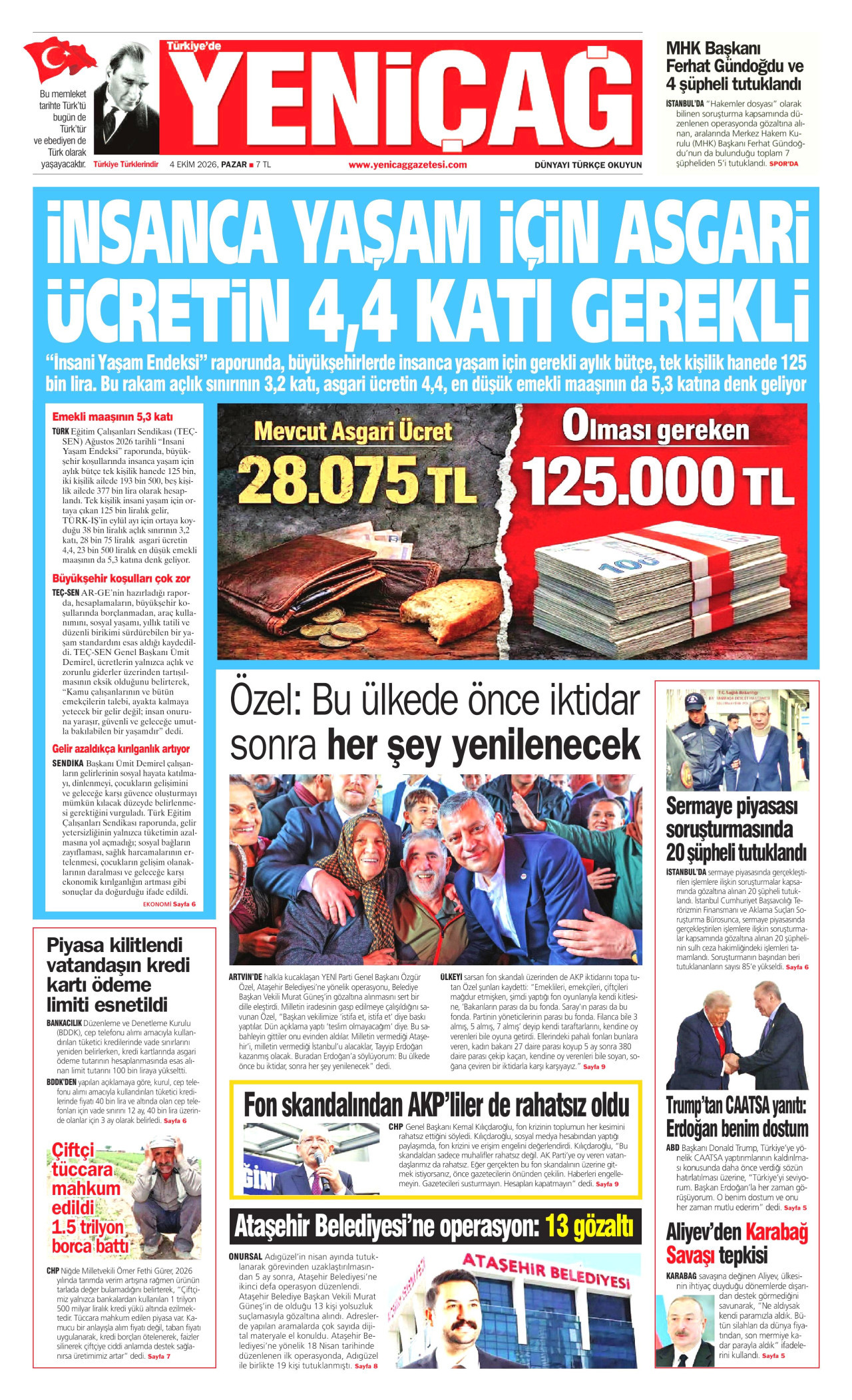 Yeniçağ Gazetesi gazetesi manşeti